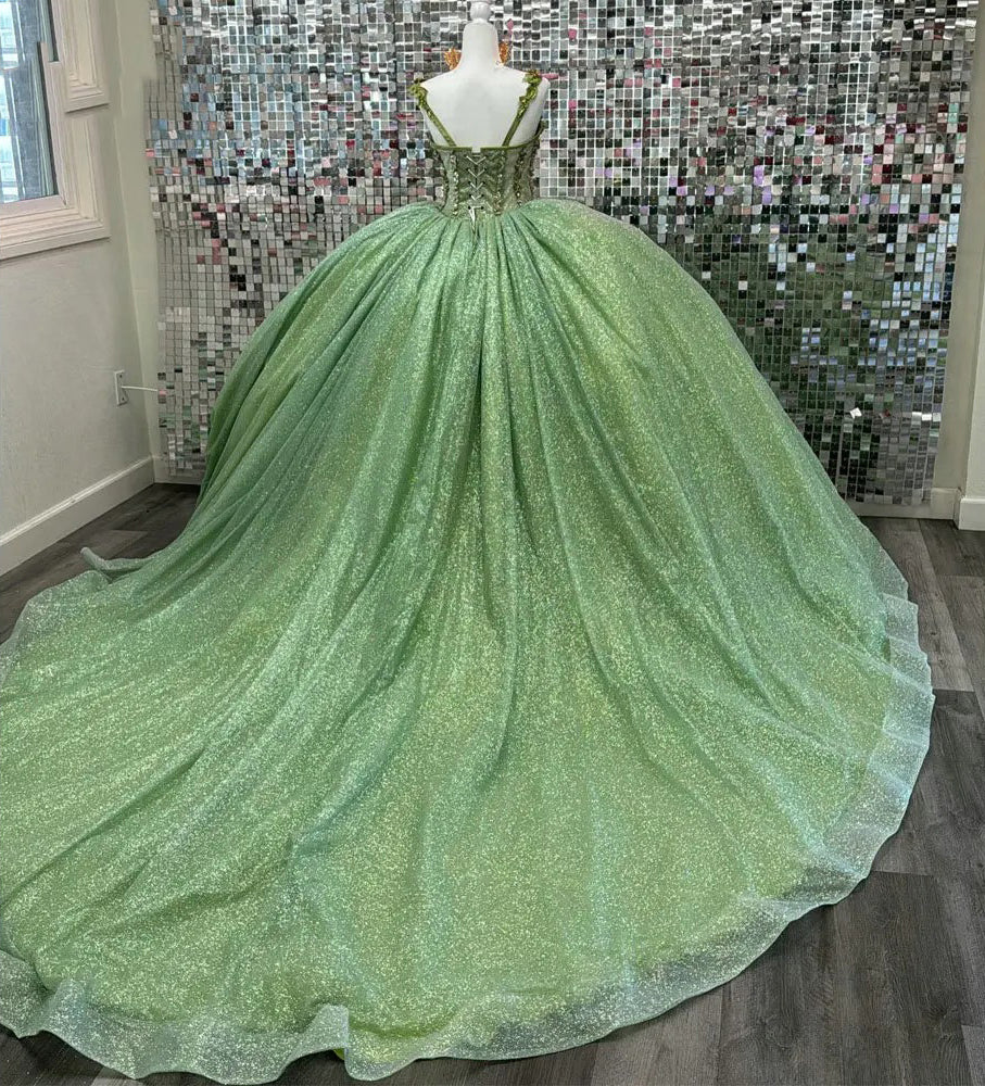 Sparkly Sage Green Off Shoulder Ball Gown Quinceanera Dresses Sweetheart Corset Flowers Appliques Beads Glitter Tulle Sweet 16 Dress with Train