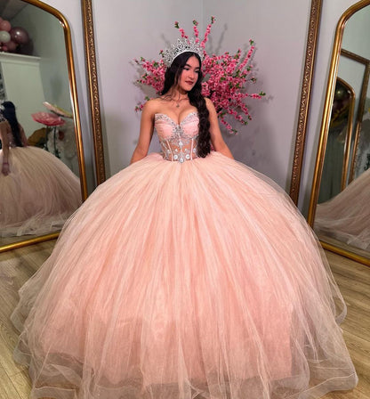 Pink Strapless Sweetheart Corset Ball Gown Princess Quinceanera Dresses Lace Appliques Beaded Tulle Formal Prom Party Gowns Sweet 16 Dress