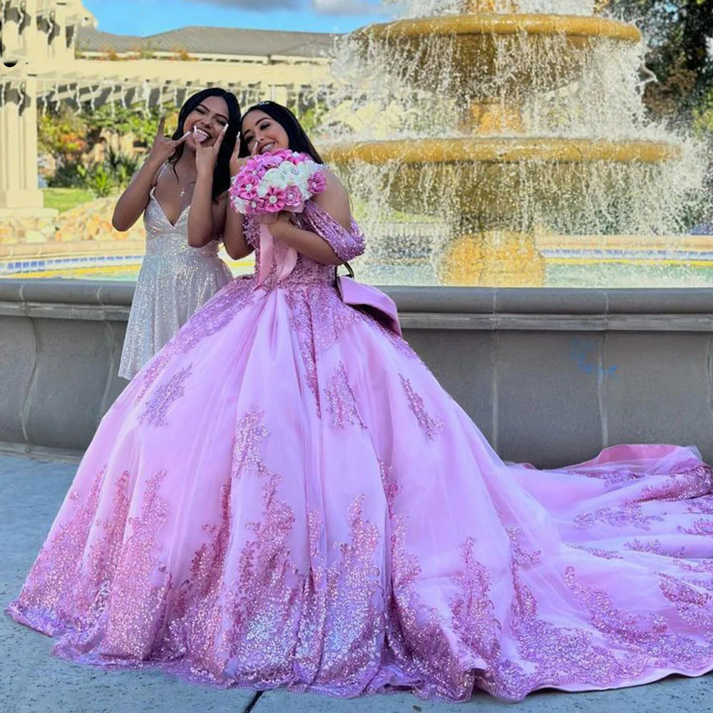 Pink Ball Gown Quinceanera Dresses Off Shoulder Prom Gowns Lace Applique Beaded Glitter Tulle Princess Party Gowns Sweet 16 Dress