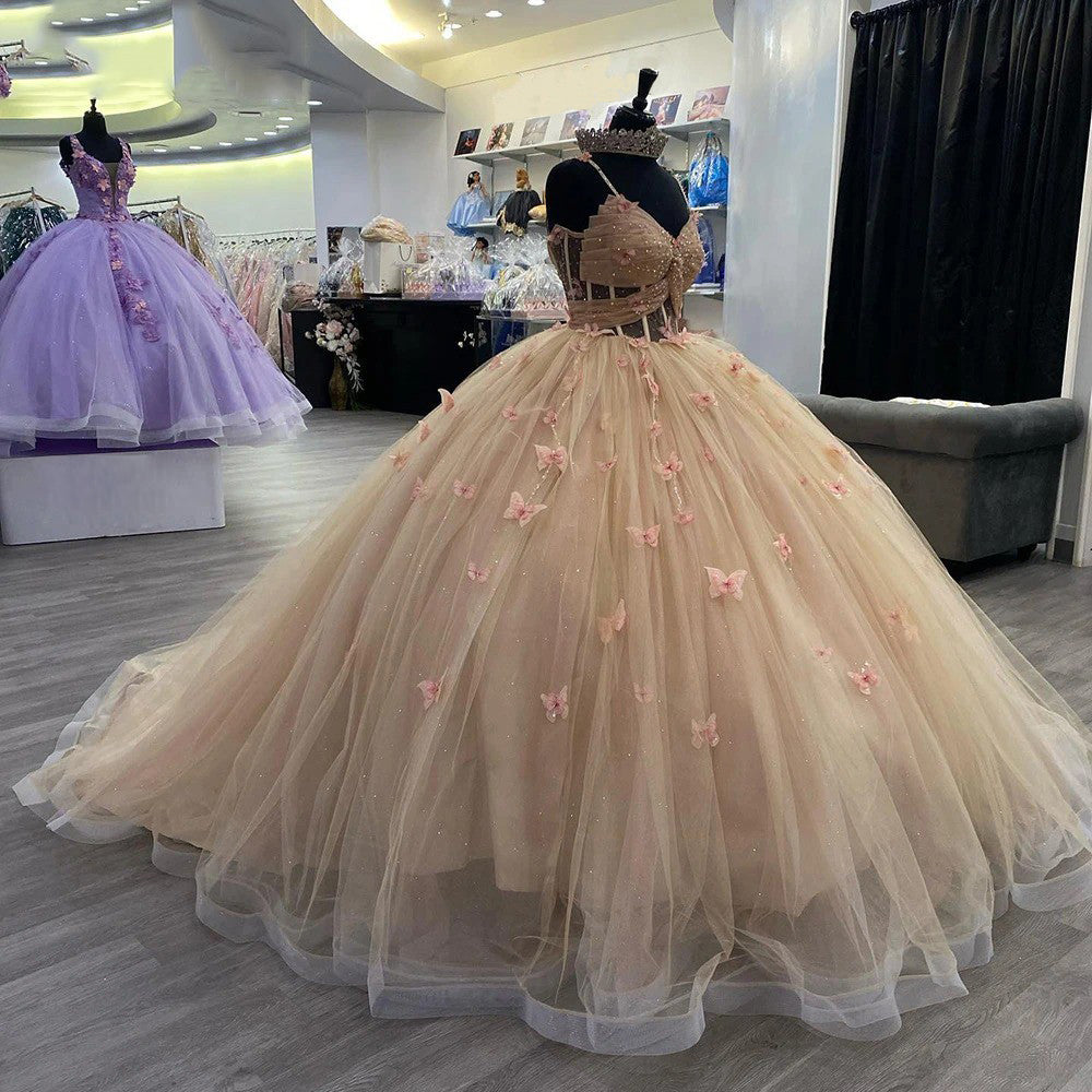 Champagne Quinceanera Dresses Ball Gown Sweetheart Spaghetti Straps Butterfly Appliques Beaded Corset Birthday Party Gowns Lace Up Back