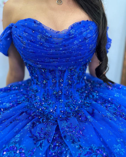 Royal Blue Quinceanera Dresses Off Shoulder Corset Ball Gown Lace Appliques Beaded Corset Tiered Glitter Tulle Ruffles Prom Party Gowns Sweet 16 Dress