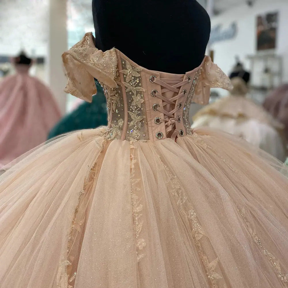 Blush Pink Tulle Sweetheart Quinceanera Dresses Ball Gown 2024 Off Shoulder Lace Appliques Beading Corset Princess Sweet 16 Dress Lace Up
