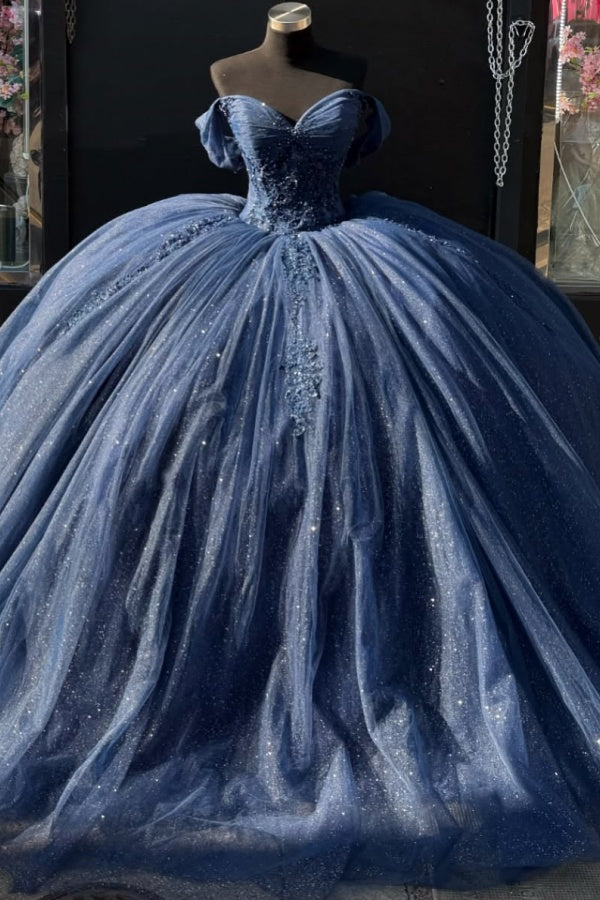 Elegant & Glamorous Ball Gown Off Shoulder Pleated Appliques Lace Up Navy Blue Tulle Quinceanera Dress Birthday Party Gown for Sweet 16 14 / As Pic Elegant & Glamorous Ball Gown Off Shoulder Pleated Appliques Lace Up Navy Blue Tulle Quinceanera Dress Birthday Party Gown for Sweet 16 14 / As Pic