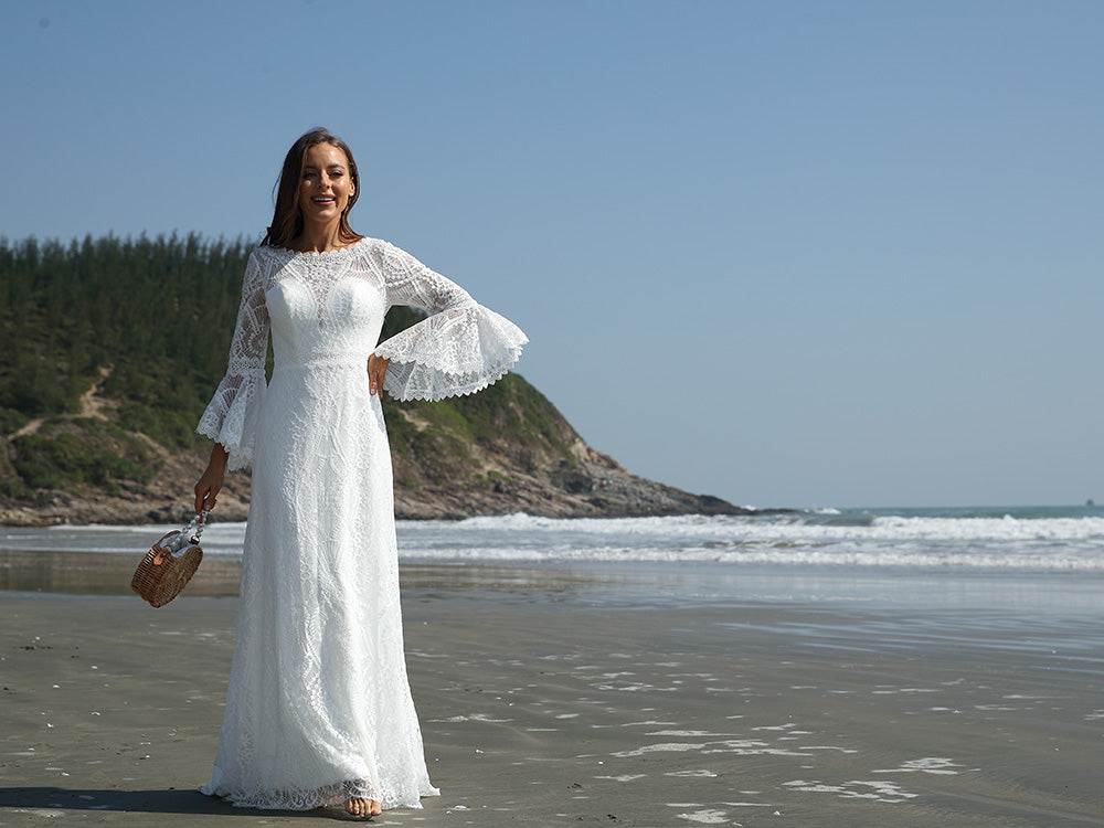Boho Wedding Dresses for Bride 2024 Long Sleeve Plus Size Lace Bride Dress Backless A Line Beach Vintage Wedding Gowns