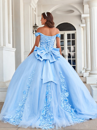 Ball Gown Tulle Quinceanera Dresses Off Shoulder Long Bow 2024 For Sweet 15