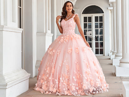 Princess Quinceanera Dresses Long For Women Ball Gown V Neck With Floral Appliques Beaded Puffy Wedding Party Gowns