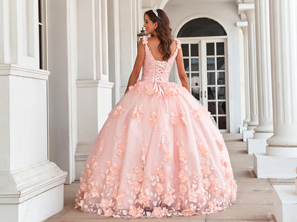 Princess Quinceanera Dresses Long For Women Ball Gown V Neck With Floral Appliques Beaded Puffy Wedding Party Gowns