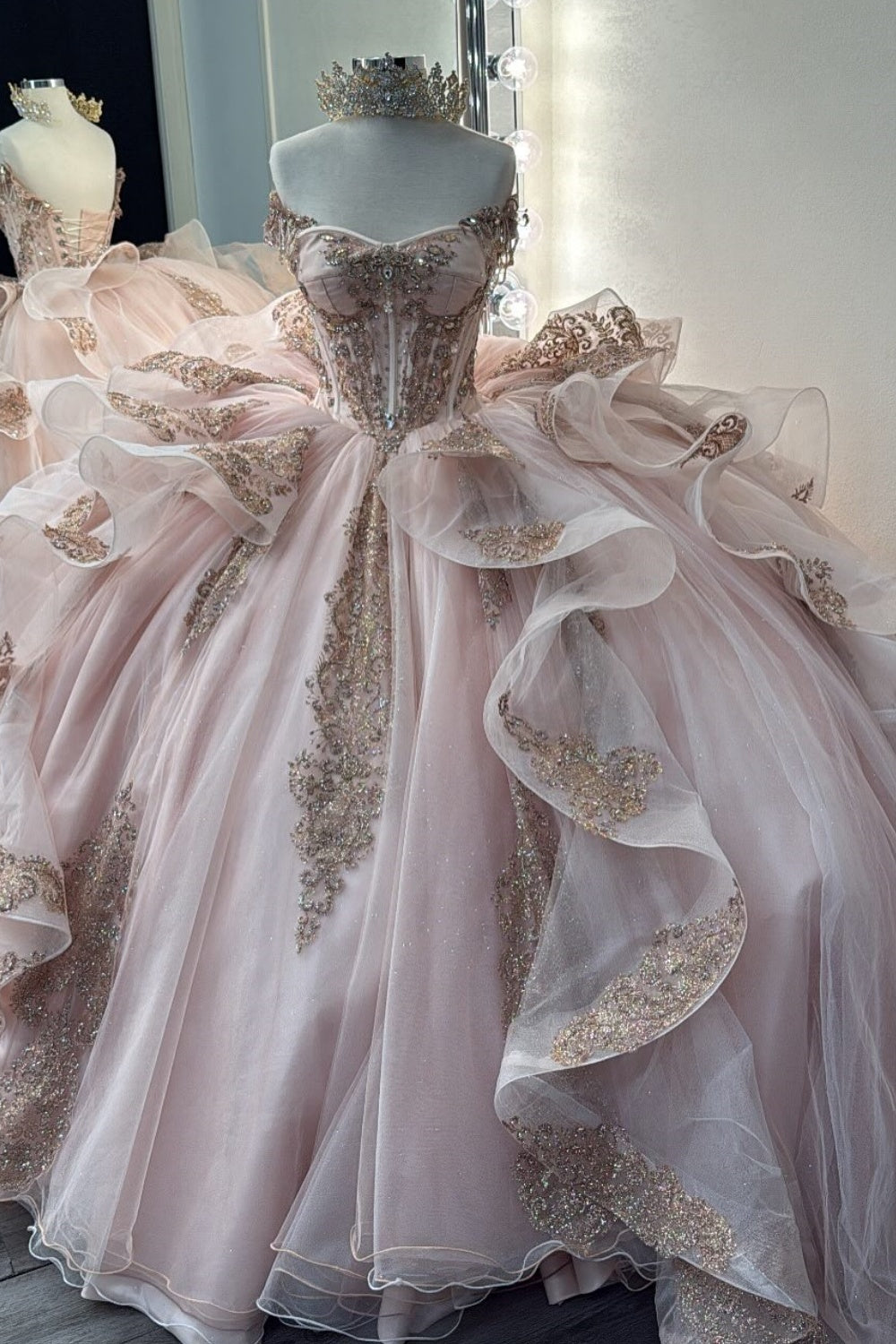 Off Shoulder Sleeveless Beaded Sequins Appliques Ruffles Pink Sweet 15 Quinceañera Dress WQ1570 Custom Color / 2