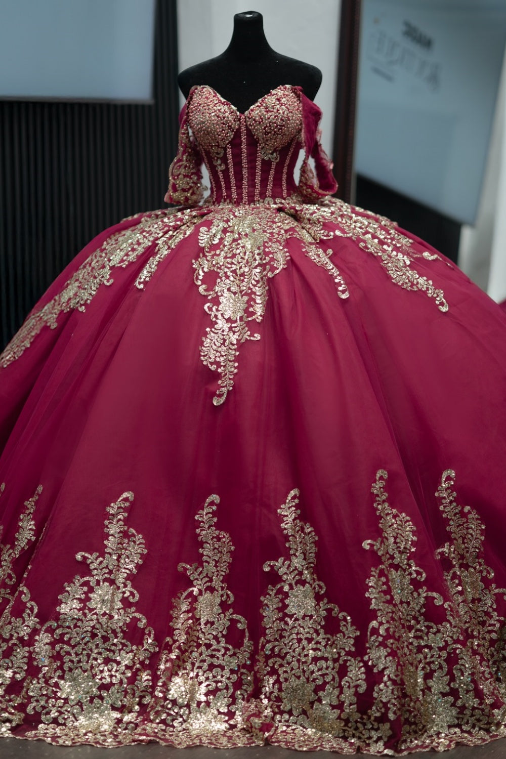 Off Shoulder Sleeveless Beaded Gold Sequins Bow Knot Burgundy Sweet 15 Quinceaera Dress WQ1590 As Pic / 22 Off Shoulder Sleeveless Beaded Gold Sequins Bow Knot Burgundy Sweet 15 Quinceaera Dress WQ1590 As Pic / 22