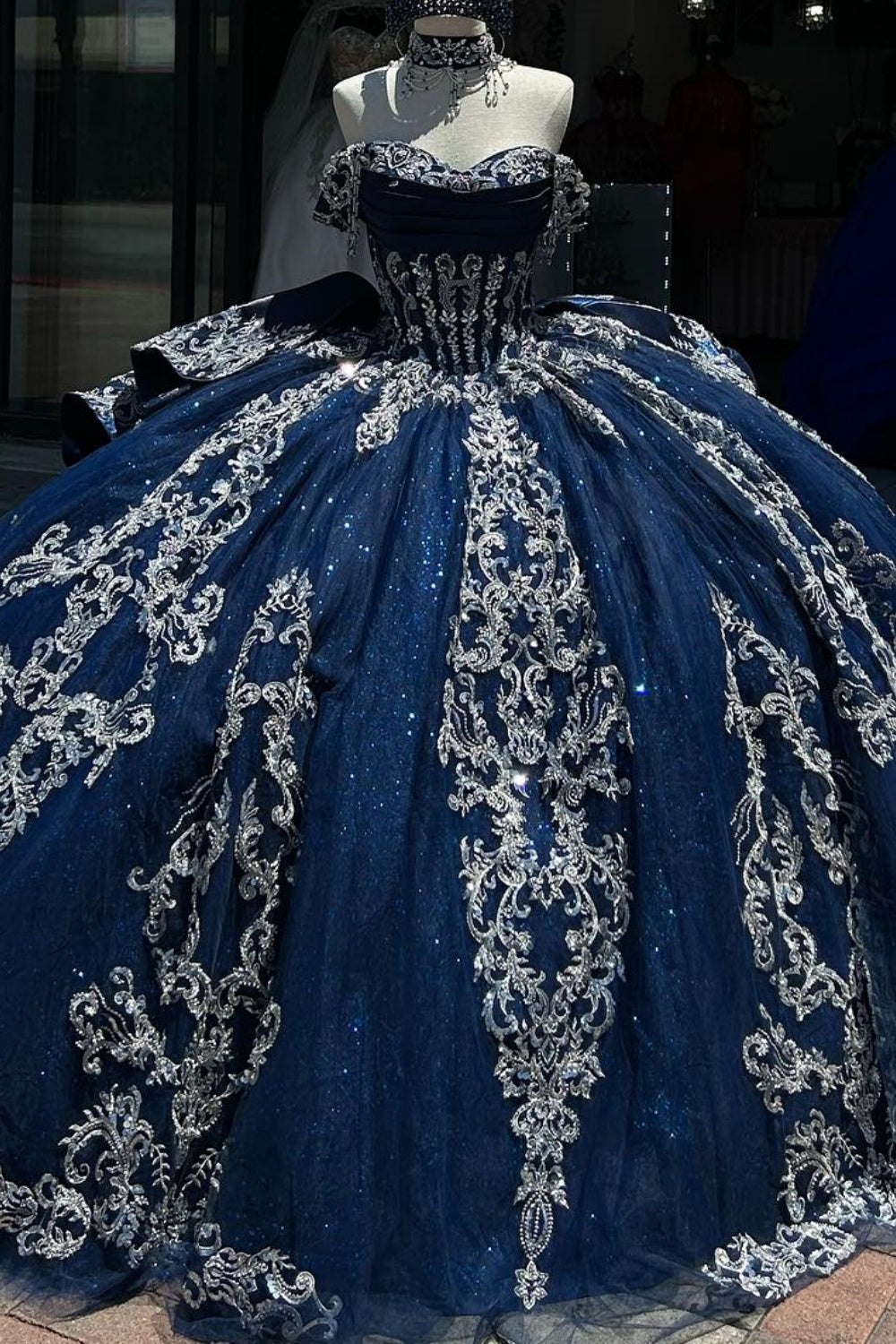 blue plastic dress Off Shoulder Sleeveless Beaded Silver Appliques Ruffles Navy Sweet 15 Quinceañera Dress WQ1636 Custom Color / 2