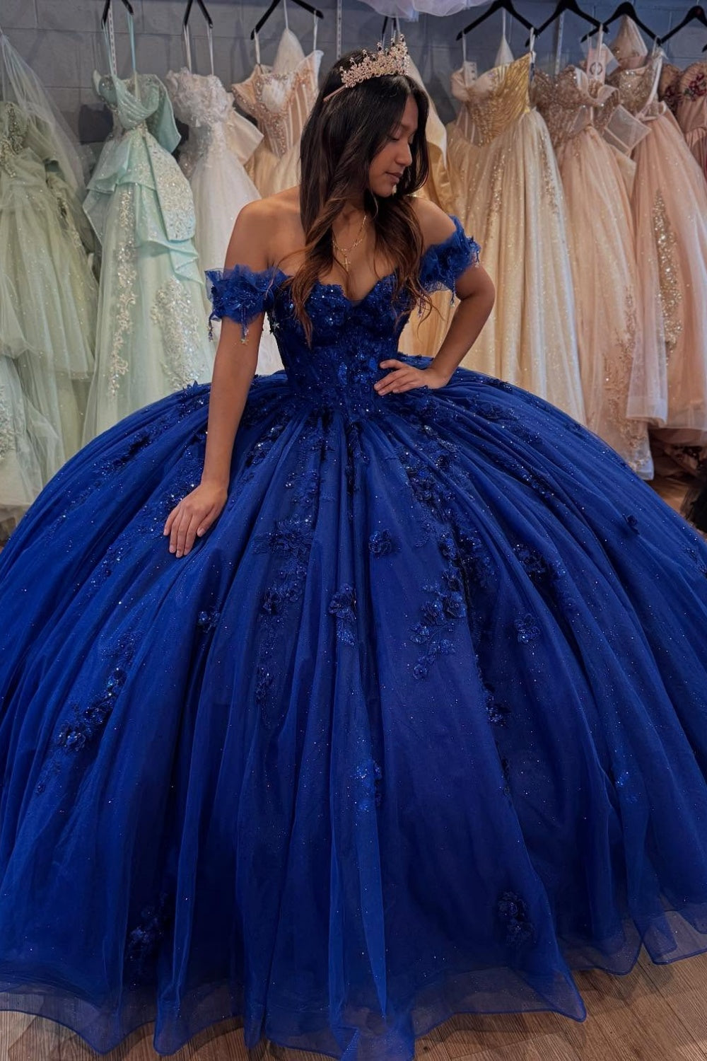 Off Shoulder Sleeveless Beaded Appliques Royal Blue Quinceaera Dress WQ1649 As Pic / 6 Off Shoulder Sleeveless Beaded Appliques Royal Blue Quinceaera Dress WQ1649 As Pic / 6