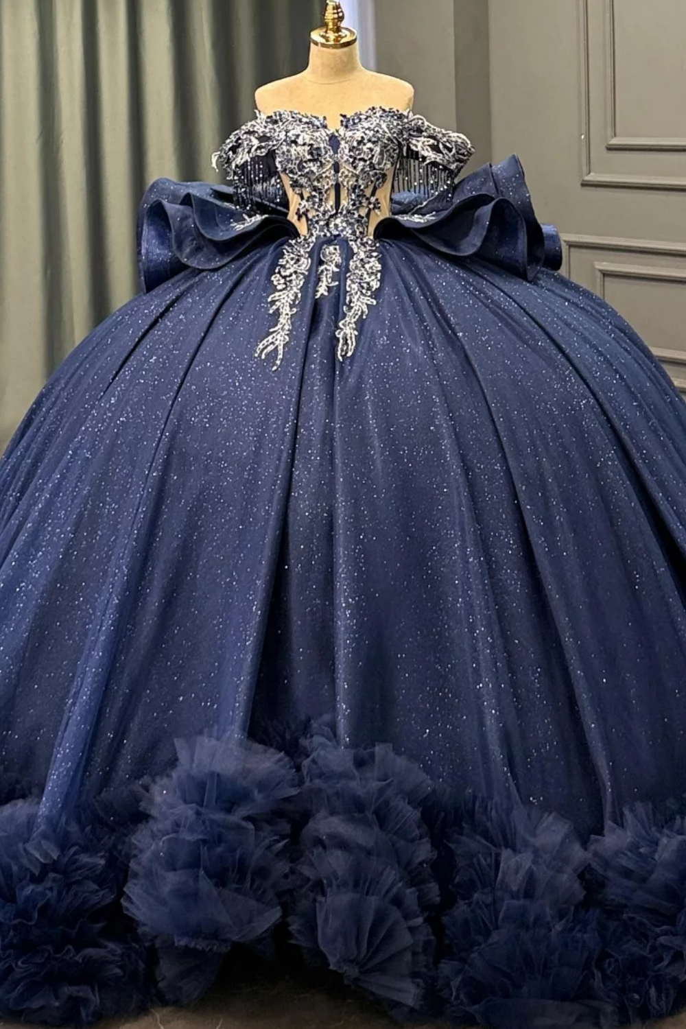 Off Shoulder Sleeveless Beaded Appliques Ruffles Tiered Navy Sweet 15 Quinceañera Dress WQ1815 As Pic / Custom Size