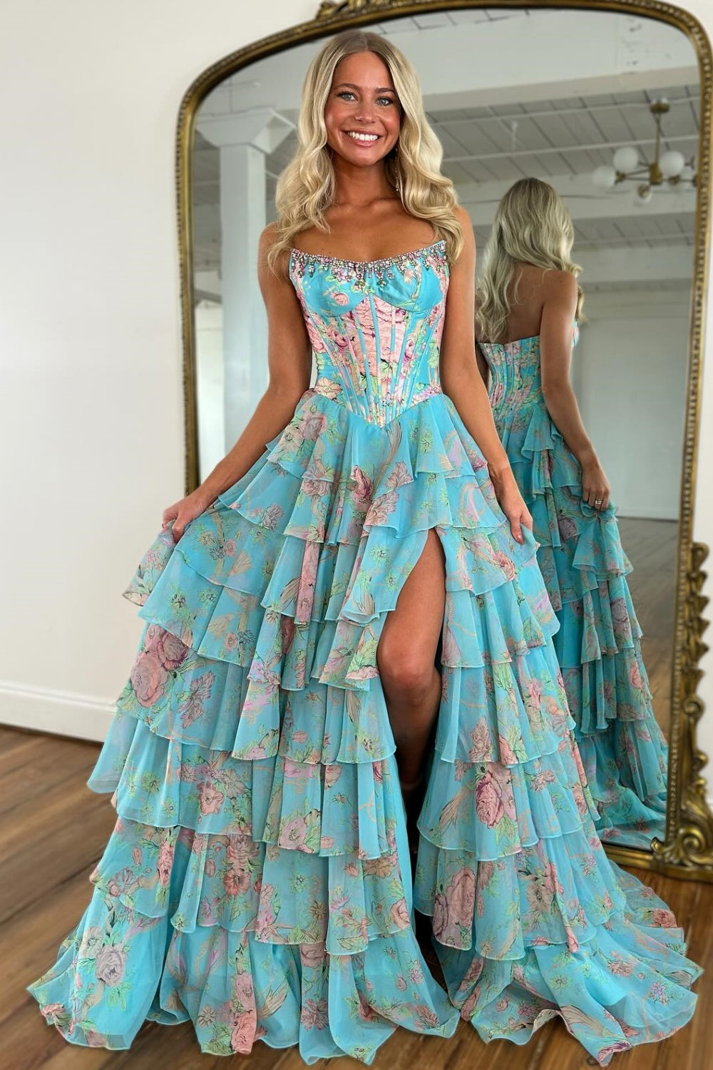 Boat Neck Crystal Flower Printer Ruffles Tiered High Side Slit