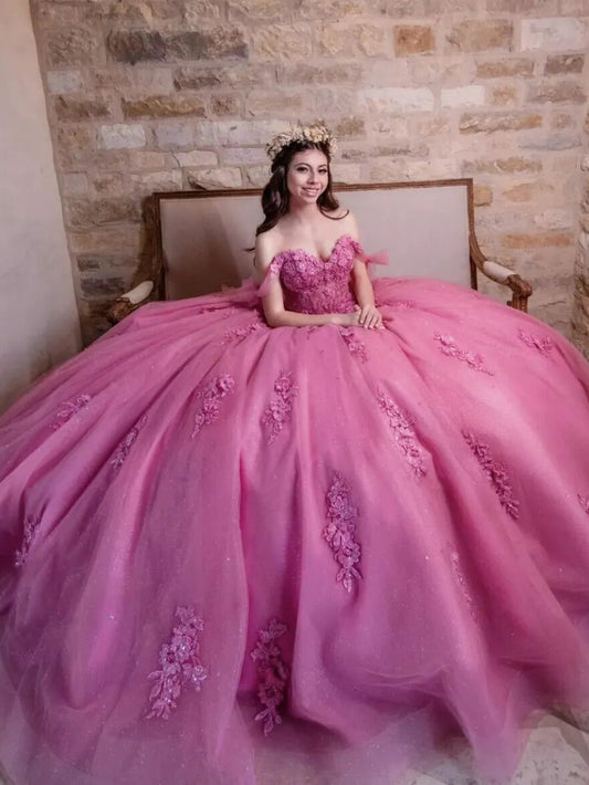 Dusty Rose Luxury Off The Shoulder Quinceanera Dresses Lace Applique 3D Flowers Ball Gown Sweet 15 16 Birthday Party Gown