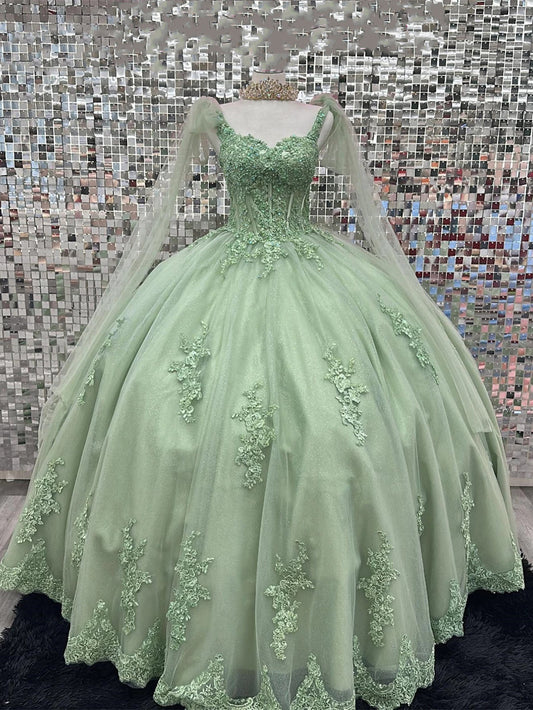 Cheap Sage Quinceanera Dresses Lace Straps Green Sweet 16 Dresses Appliques