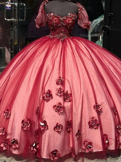 WQ1014 - Burgundy Red Quinceanera Dresses 3D Flower Sweetheart Appliques Tulle Princess Ball Gown Sweet 15 16 Dresses