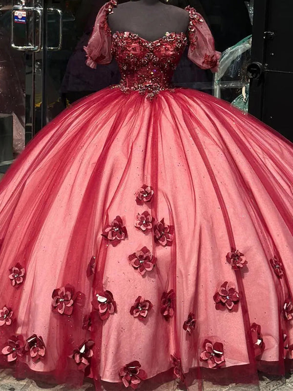Burgunderrot Quinceanera Kleider 3D Blume Schatz Applikationen Tüll Prinzessin Ballkleid Sweet 15 16 Kleider