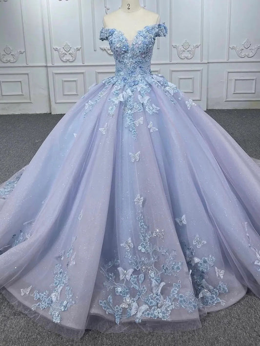 Lavender Off Shoulder Glitter Tulle 3D Butterflies Lace Appliques Quinceanera Dresses Sparkly Beaded Tulle Sweet 16 Dress Prom Party Gowns