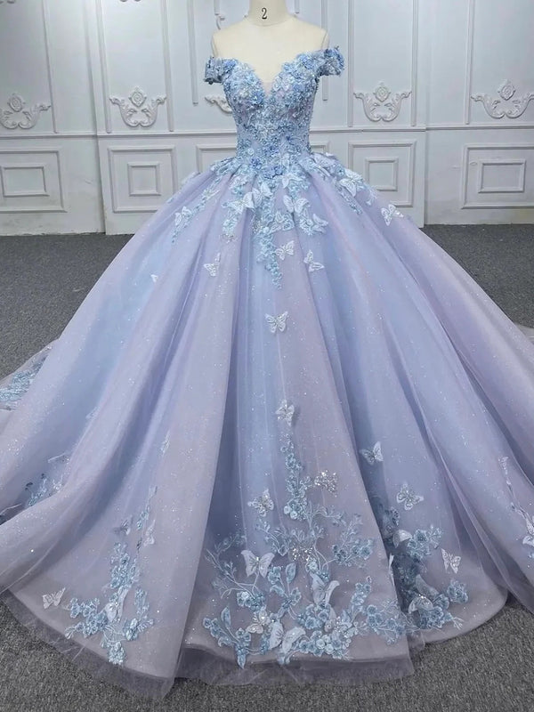 Off Shoulder Sleeveless 3D Butterfly Appliques Lavender Quinceanera Dress for Sweet 16 WQ1259