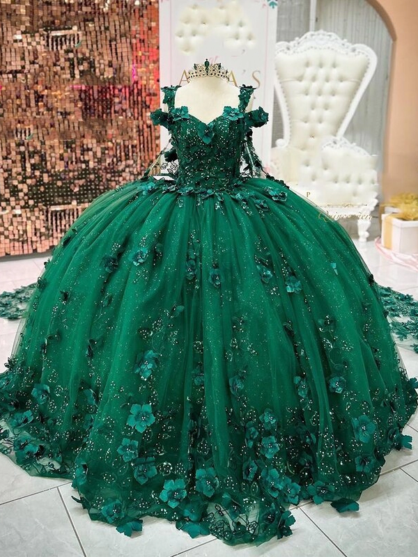 Off Shoulder Straps 3D Flower Appliques Beaded Emerald Green Sweet 15 Quinceañera Dress WQ1009