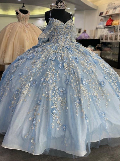 Himmelblaues Quinceanera-Kleid mit V-Ausschnitt und Spaghettiträgern, Prinzessinnen-Ballkleid, Tüll, Blumenapplikationen, Perlen, Schnürung, süßes 15./16. Kleid, elegante Ballkleider