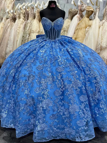 Blaues Glitzer Quinceanera-Kleid mit Applikationen, Spitze, Perlen, Korsett, Herzausschnitt, abgestufter Tüll, Geburtstags-Prinzessin, Sweet 16 Partykleid, Ballkleid mit Fliege