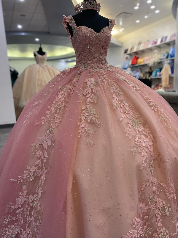 Rosa Quinceanera-Kleid, Ballkleid 2024, Spitzenapplikationen, Perlen, Glitzer, Tüll, Sweet 16 Kleid, Geburtstagsparty, Prinzessinnenkleid, Schnürung, Übergröße