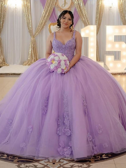 Lilac Sweetheart Ball Gown Spaghetti Straps Princess Quinceanera Dresses Lace Appliques Beaded Tulle Formal Prom Party Gowns Sweet 16 Dress