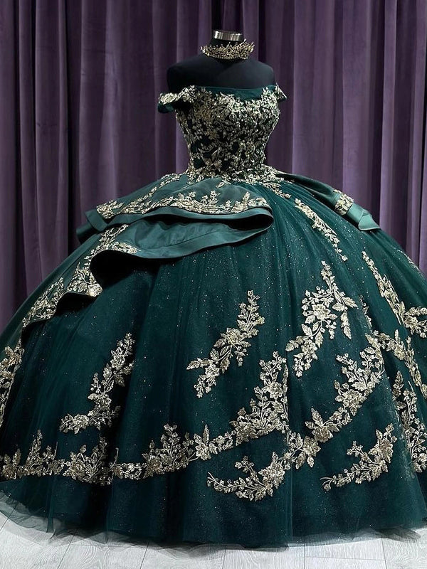 WQ1159 - Lujoso y magnífico vestido de fiesta con hombros descubiertos, apliques de encaje y cuentas, vestido de quinceañera de tul verde, vestido de cóctel formal para dulces 16