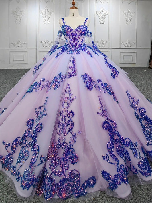 Purple Quinceanera Dresses Sequined Ball Gown Beaded Spaghetti Straps Sweetheart Bow Tiered Ruffles Sweet 16 Evening Party Dress