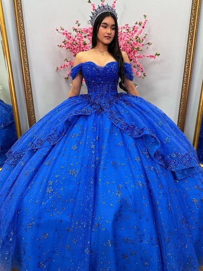 WQ1158 - Luxury & Glamorous Ball Gown Off Shoulder Lace Appliques Beaded Tiered Glitter Ruffles Royal Blue Tulle Quinceanera Dress Evening Party Gown for Sweet 16