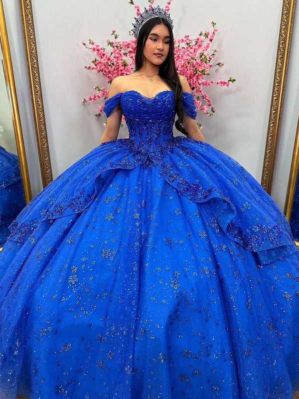 Königsblaue Quinceanera-Kleider, schulterfreies Korsett, Ballkleid, Spitzenapplikationen, Perlenkorsett, abgestufte Glitzertüllrüschen, Abschlussball-Partykleider, Sweet 16-Kleid