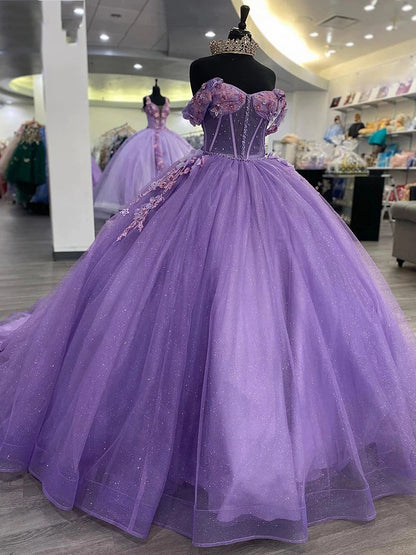 Robes de Quinceanera violettes à paillettes étincelantes, épaules dénudées, décolleté en cœur, perles, fleurs 3D, appliques en dentelle, fête d'anniversaire, laçage dans le dos, corset, robes Sweet 16