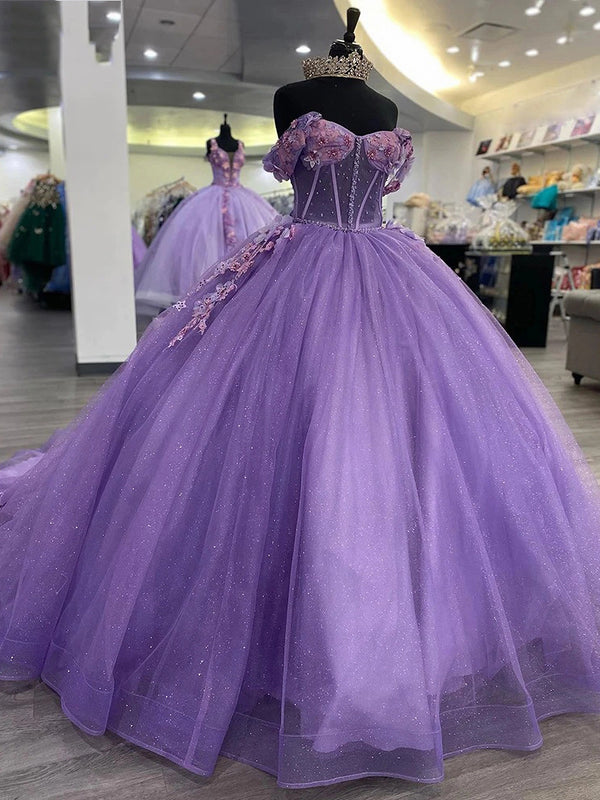 Off Shoulder Sleeveless 3D Flowers Lace Appliques Purple Quinceanera Dress Sweet 16 WQ1091
