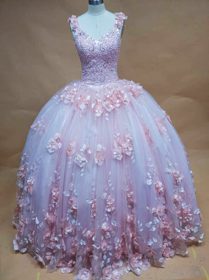 Rosa Prinzessin Quinceanera Kleider Ballkleid V-Ausschnitt Blumenspitze Applikationen Perlen Tüll Puffy Sweet 16 Kleid Abschlussball Partykleider