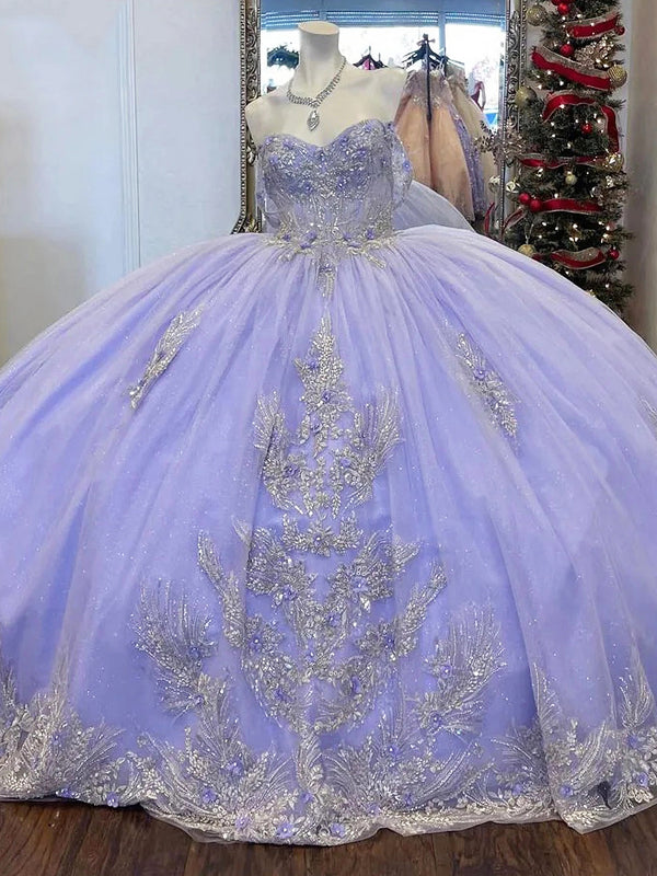 Funkelndes Lavendel Quinceanera Kleid 2024 Ballkleid Applikationen Spitze Schulterfrei Perlen Korsett Süß 15 16 Jahre Alt Elegante Partykleider für Frauen