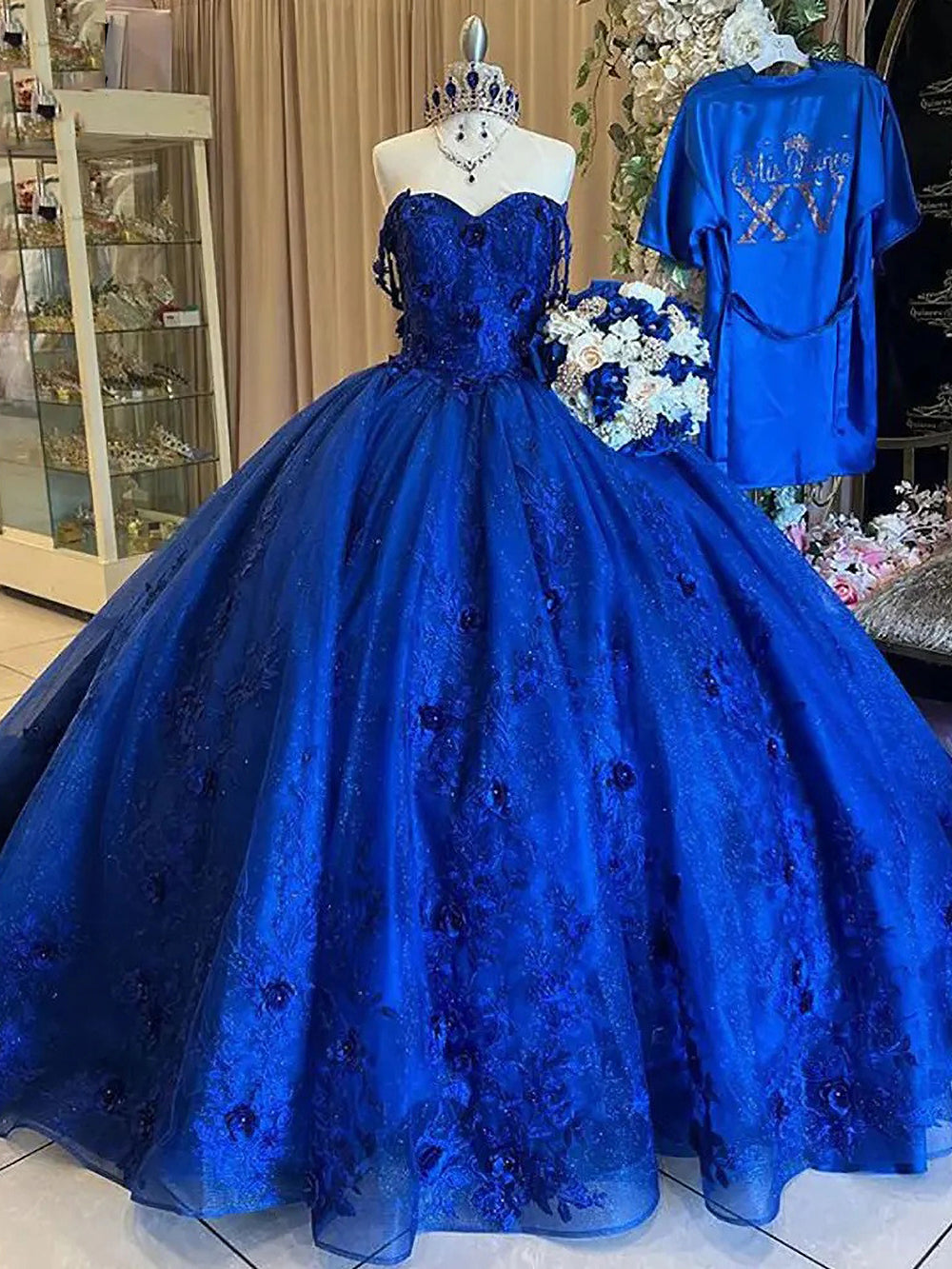 Royal Blue Glitter 3D Flowers Quinceanera Dresses Ball Gown Off The Shoulder Appliques Lace Beads Princess Sweet 16 Birthday Party Prom Dress