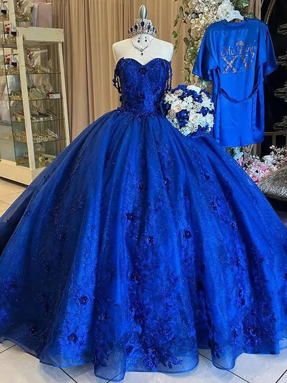 Royal Blue Glitter 3D Flowers Quinceanera Dresses Ball Gown Off The Shoulder Appliques Lace Beads Princess Sweet 16 Birthday Party Prom Dress