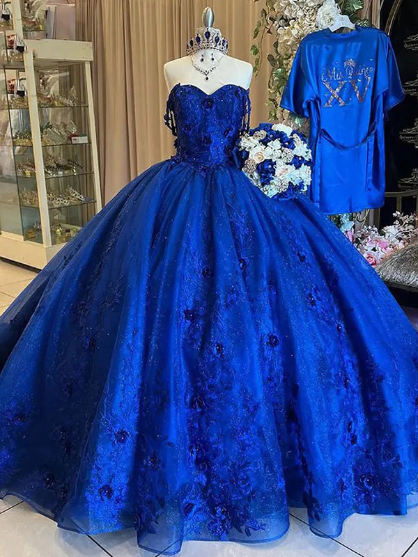Royalblaues Glitzer-Ballkleid mit 3D-Blumen und Applikationen, Spitze, Perlen, Prinzessin, süßes 16. Geburtstagsparty-Abschlussballkleid