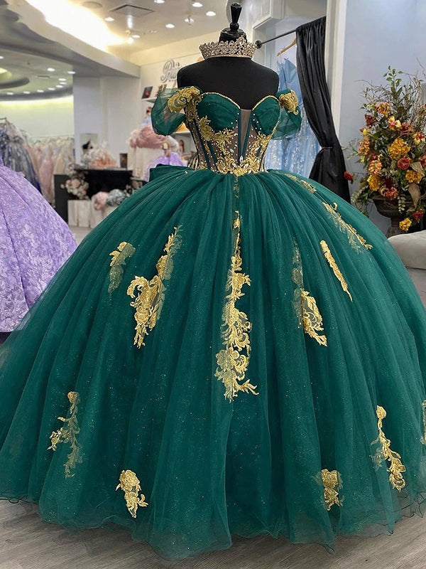WQ1082 - Vestido de quinceañera de tul verde esmeralda con hombros descubiertos, mangas abullonadas, apliques de encaje floral y princesa para dulces 16