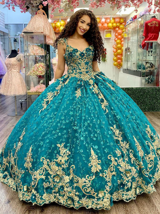 WQ1131 - Luxury & Gorgeous Ball Gown V Neck Straps Gold Lace Appliques Sequined Beaded Hunter Green Tulle Quinceanera Dresses Princess Evening Party Gown for Sweet 16 Dress