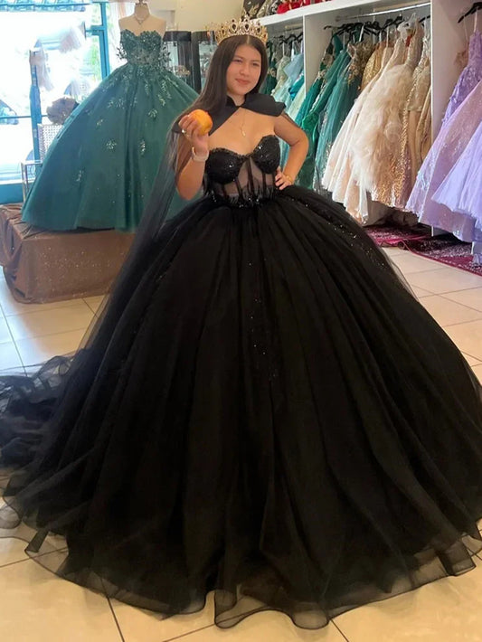 Black Tulle Ball Gown Quinceanera Dresses Lace Appliques Sweetheart Neck Corset Sweet 16 Dresses Princess Birthday Prom Party Dress