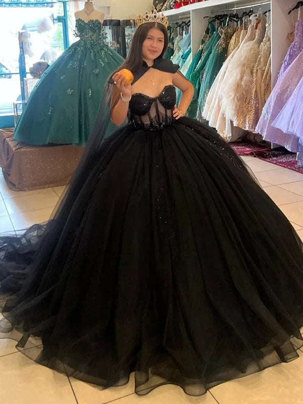 WQ1035 - Elegante vestido de quinceañera sin tirantes, con encaje, lentejuelas y apliques de tul negro para dulces 16