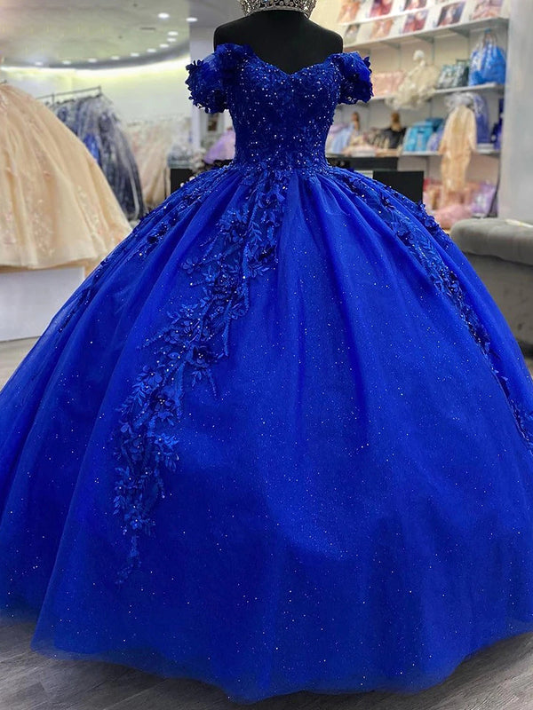 Königsblaue Quinceanera-Kleider 2024 Ballkleid aus der Schulter Blumen Spitze Applikationen Perlen Glitter Tüll Prinzessin Ballkleid Sweet 16 Kleid