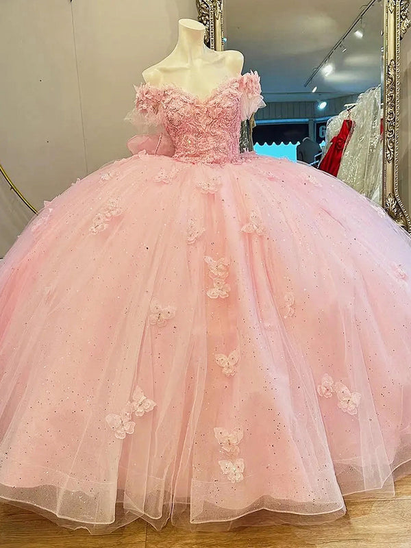 Rosa schulterfreies Quinceanera-Kleid mit 3D-Schmetterling und Pailletten, geschwollenes Ballkleid mit Perlenapplikationen, Spitze, Schleife, Tüll, süßes 16. Prinzessinnen-Partykleid