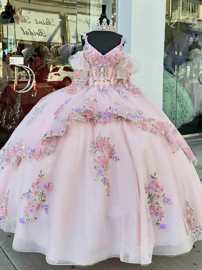 Pink Quinceanera Dresses V Neck Spaghetti Straps Ball Gown Puff Sleeves Floral Appliques Lace Beading Corset Tiered Ruffles Bow Sweet 16 Party Gown