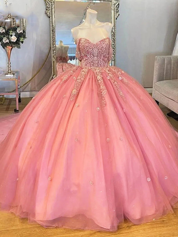 Glitzerndes rosa Quinceanera-Kleid mit Blumenmuster, schulterfrei, Applikationen, Perlen, Korsett, Tüll, Ballkleid, Geburtstagsparty-Kleid für Mädchen, Sweet 16 Dress