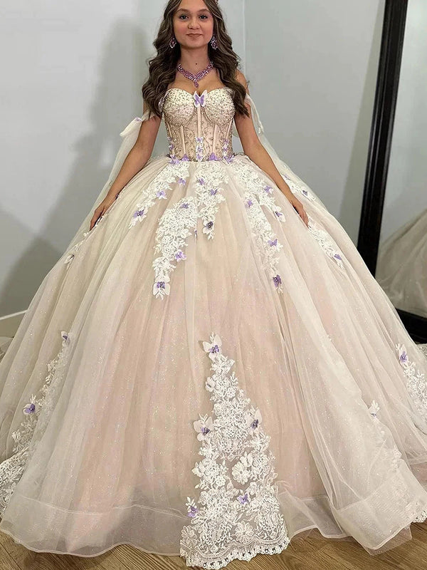 Ballkleid mit Herzausschnitt, Tüll, Spitzenapplikationen, Quinceanera-Kleid, Perlenkorsett, Schmetterling, Prinzessin, Sweet 16-Kleid für Junioren