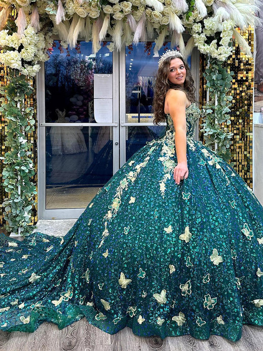 WQ1129 - Elegant & Luxury Ball Sweetheart Gown 3D Gold Butterfly Lace Appliques Sequined Beaded Hunter Green Tulle Quinceanera Dress for Sweet 16