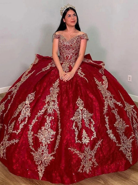 Sparkly Red Sweet 16 Ball Gown Quinceanera Dresses with Bow Beaded Lace Appliques Off Shoulder Tiered Ruffles Birthday Prom Party Gowns